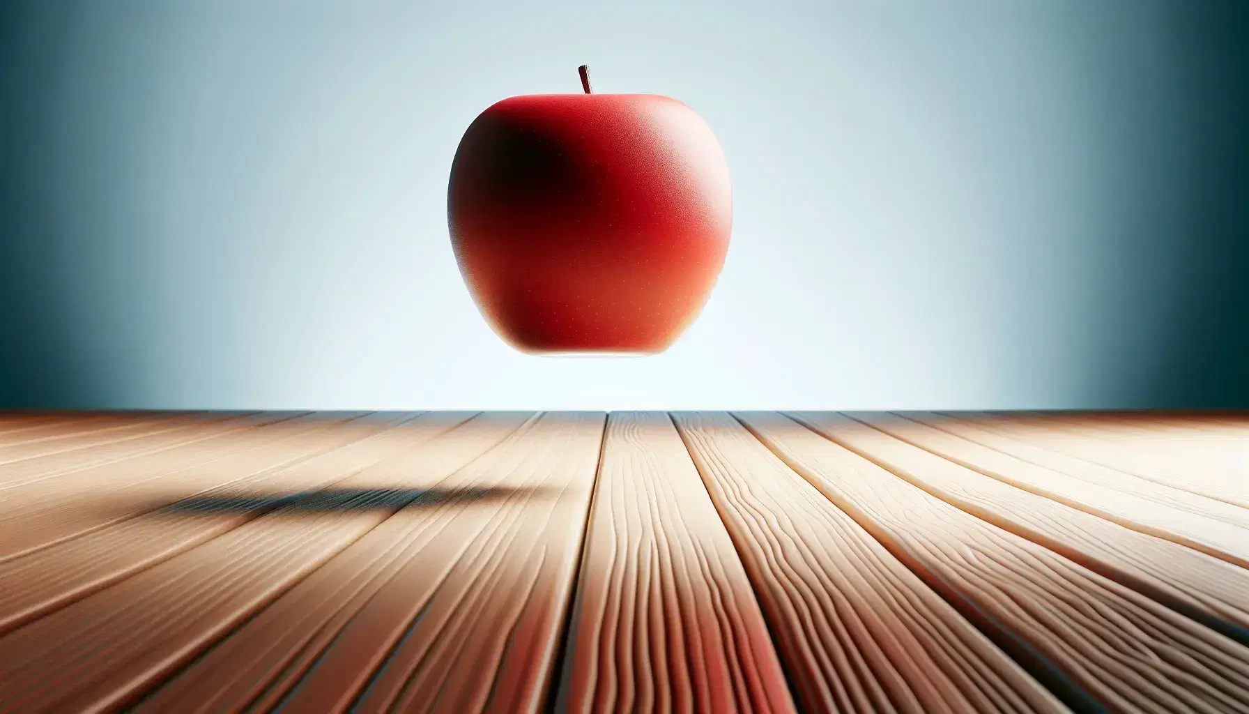 Manzana roja brillante a punto de caer sobre superficie de madera clara con fondo degradado de azul a blanco.