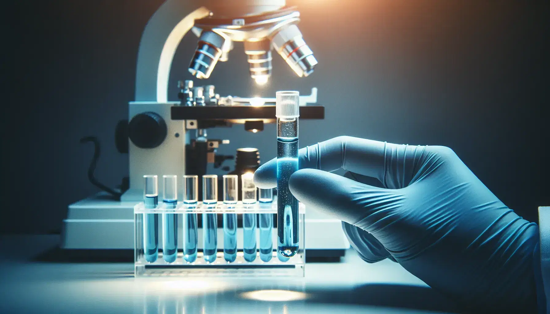 Mano guantata di ricercatore tiene provetta con soluzione blu davanti a microscopio e porta provette sfocati in laboratorio di ricerca.