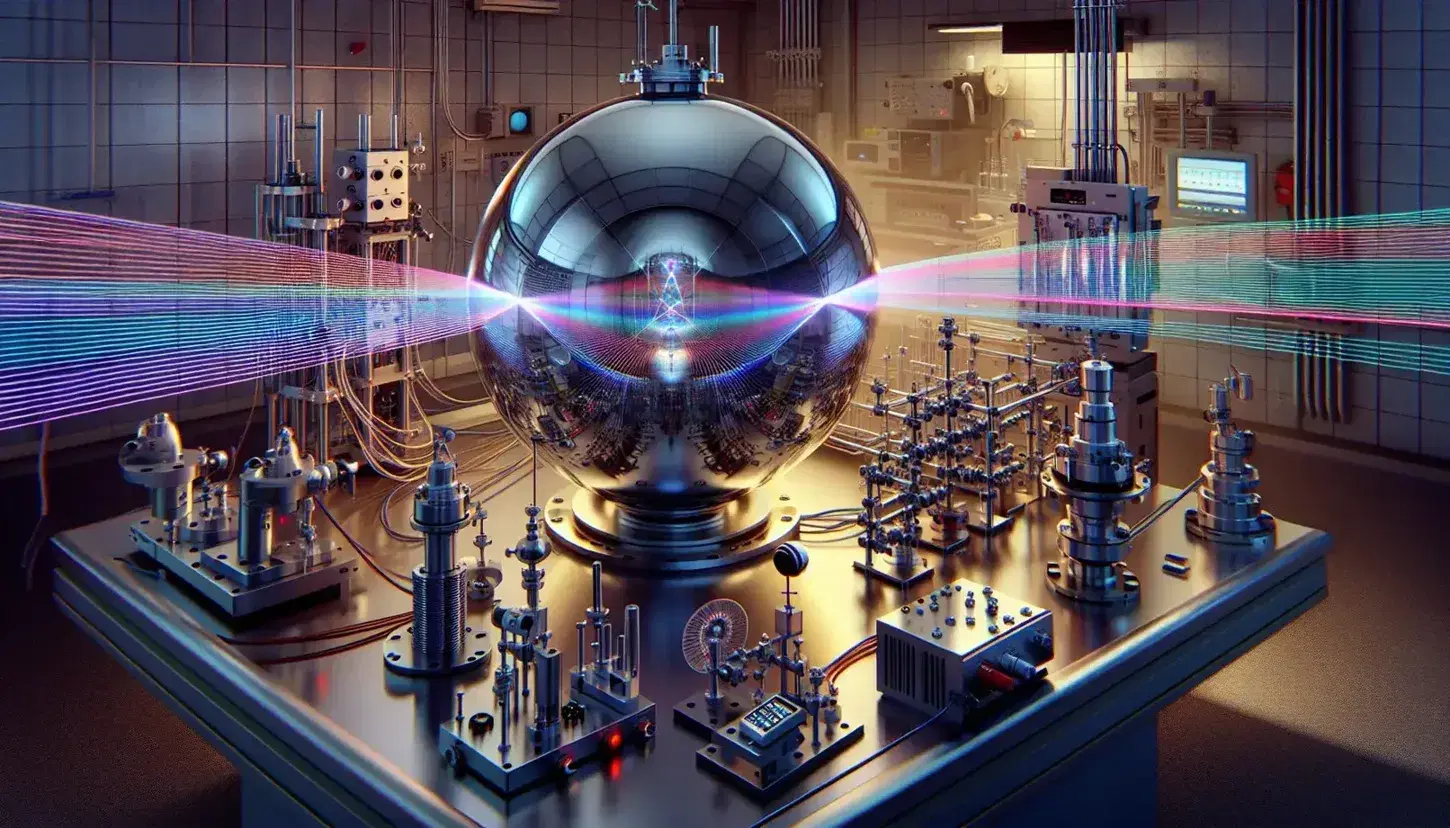 Laboratory with spherical molecular beam epitaxy chamber, multicolored laser beams on optical table, and computer setup for quantum angular momentum research.