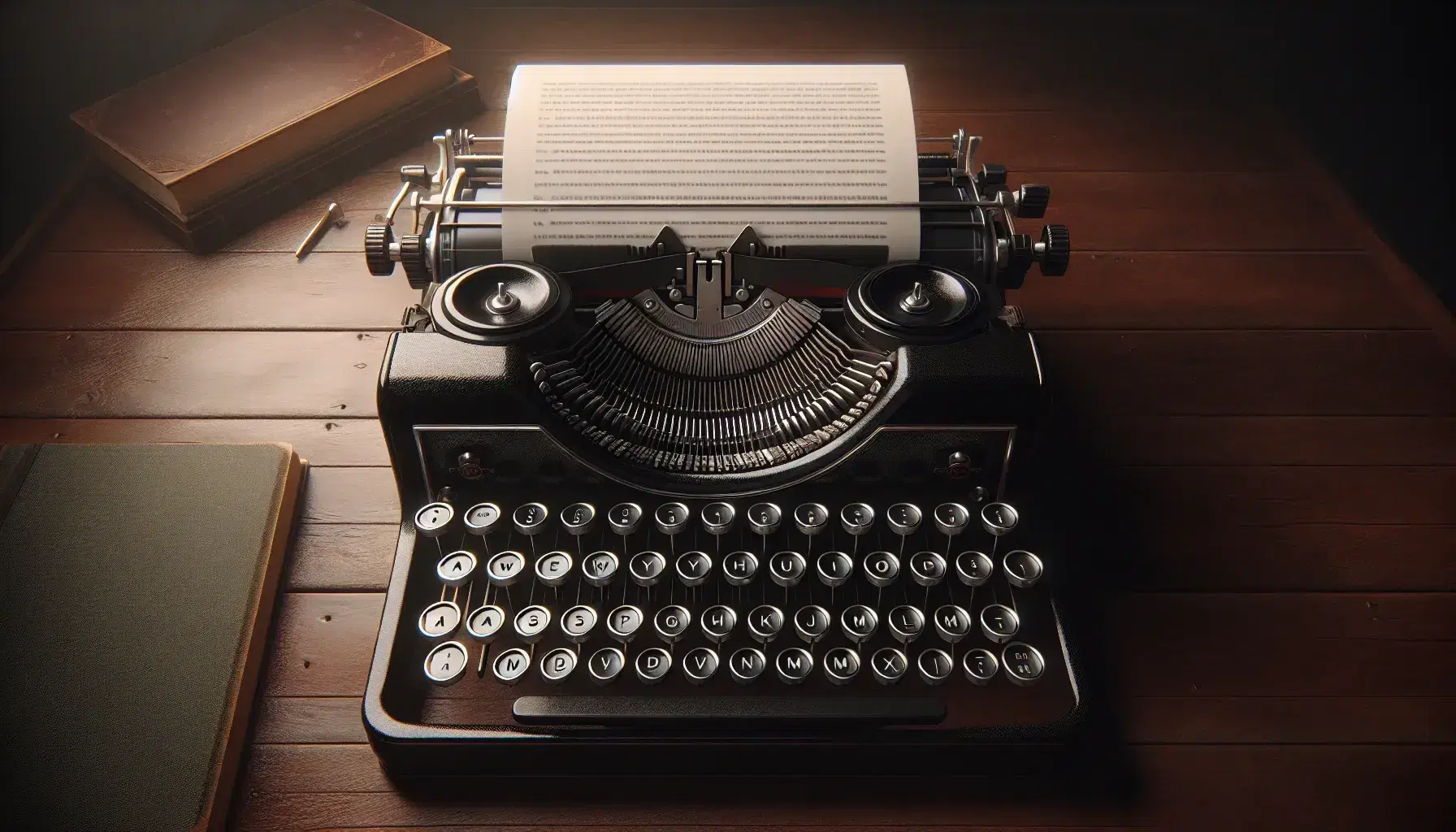 Vintage typewriter with blank paper on a polished mahogany desk, flanked by an open book and a green-shaded lamp, with a blurred bookshelf in the background.