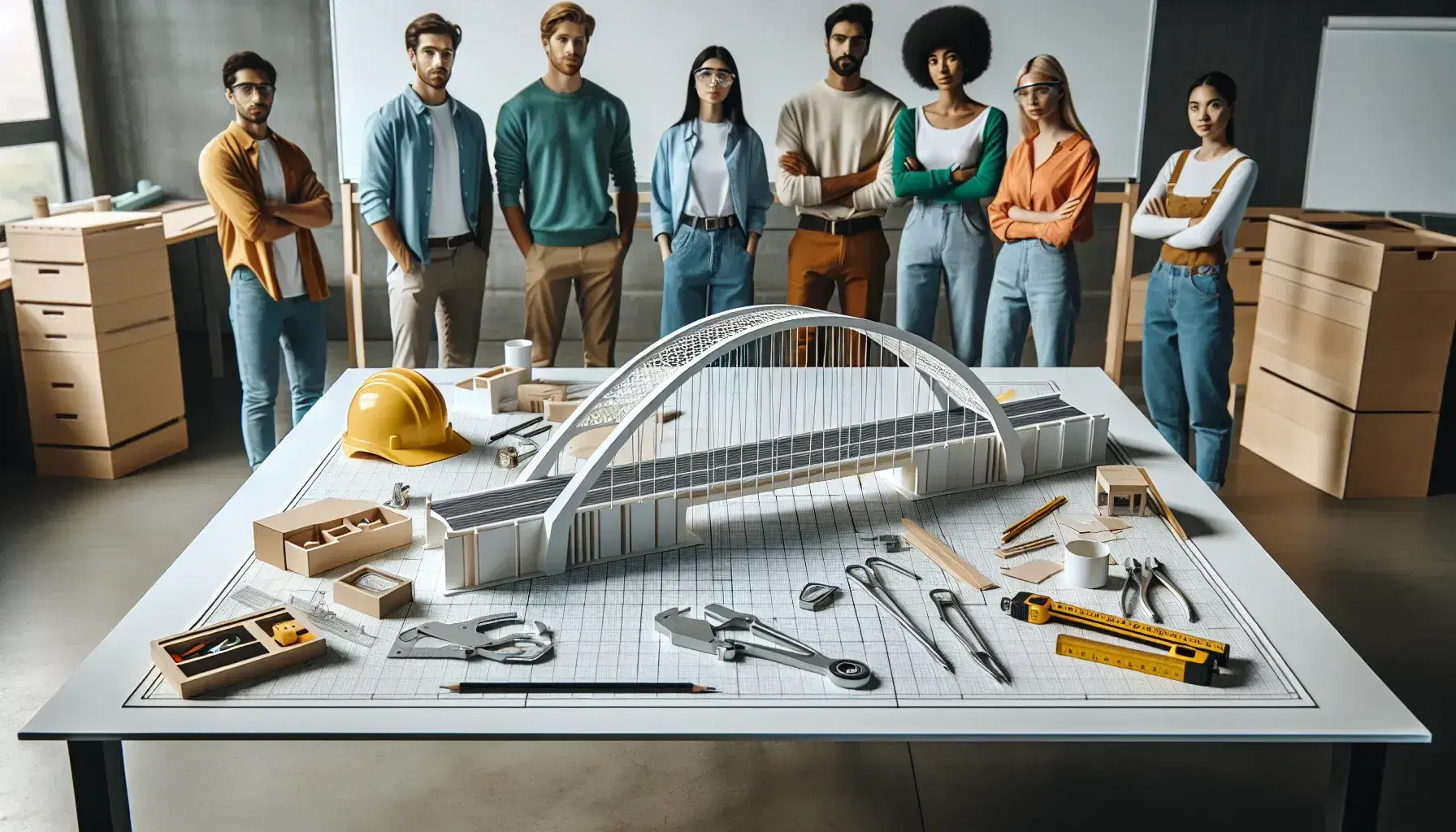 Grupo diverso de profesionales colaborando en un proyecto de ingeniería con un modelo de puente, cascos de seguridad y herramientas de diseño sobre la mesa.