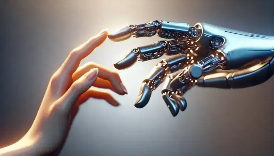 Encuentro entre mano humana y robótica a punto de tocarse, destacando la tecnología y la conexión entre humanos y máquinas.
