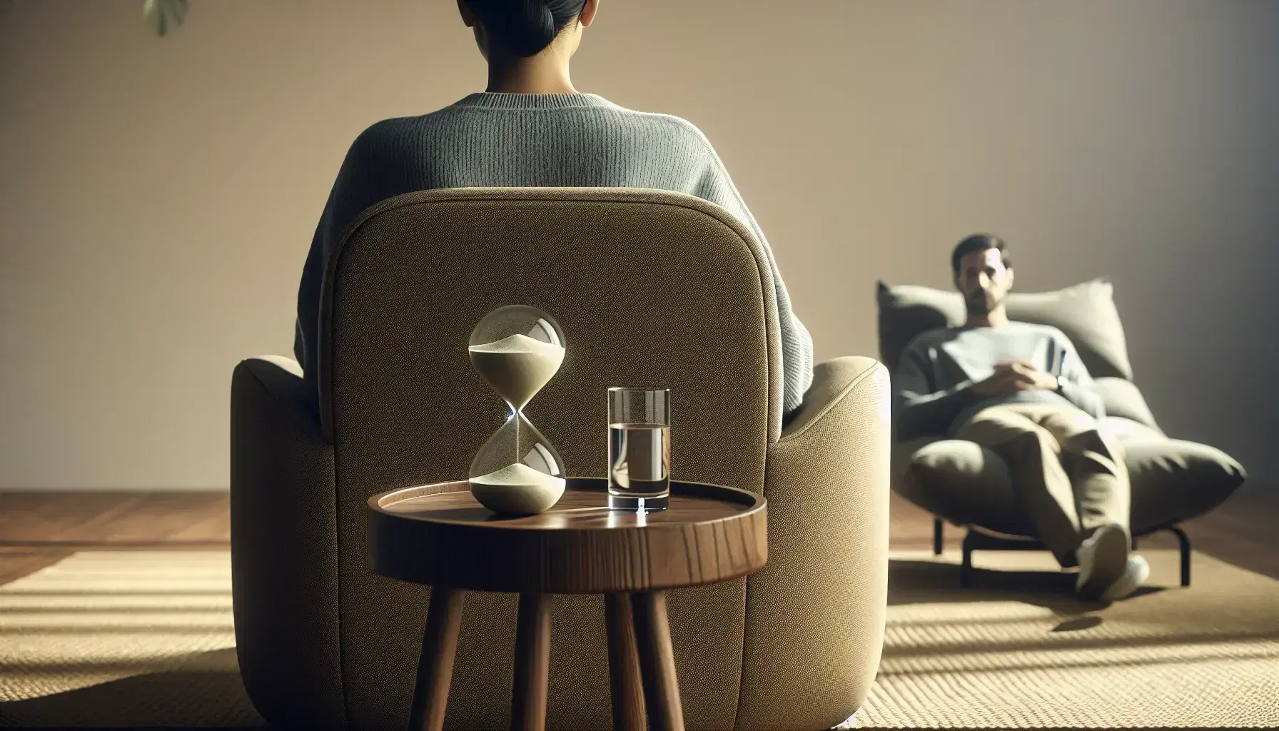 Relaxing therapy session with South Asian woman and Caucasian male therapist, hourglass clock on coffee table, calm environment with blurry bookcase.