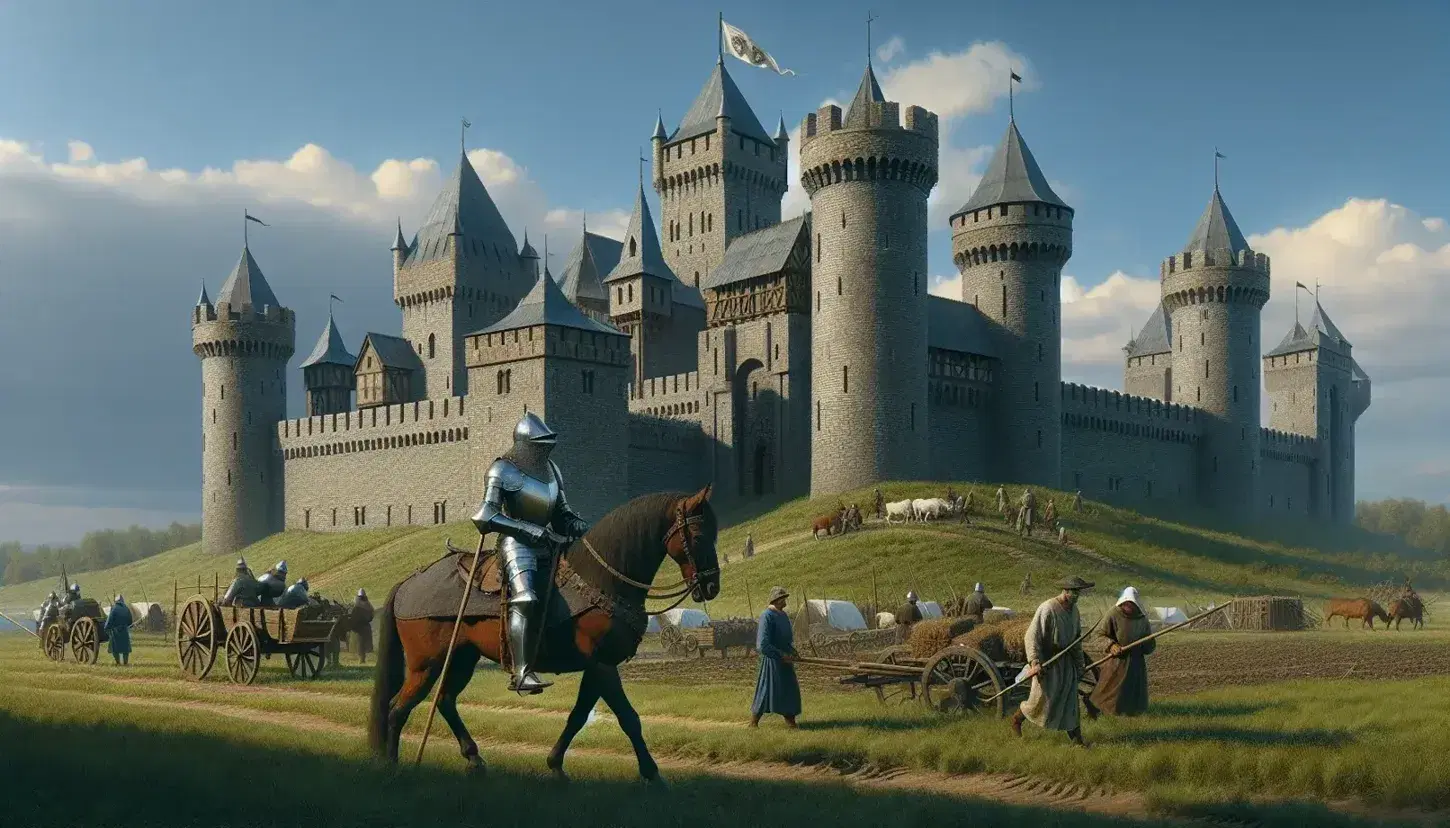 Castello medievale in pietra con torri merlate e cavaliere in armatura su cavallo marrone, contadini al lavoro nei campi autunnali.