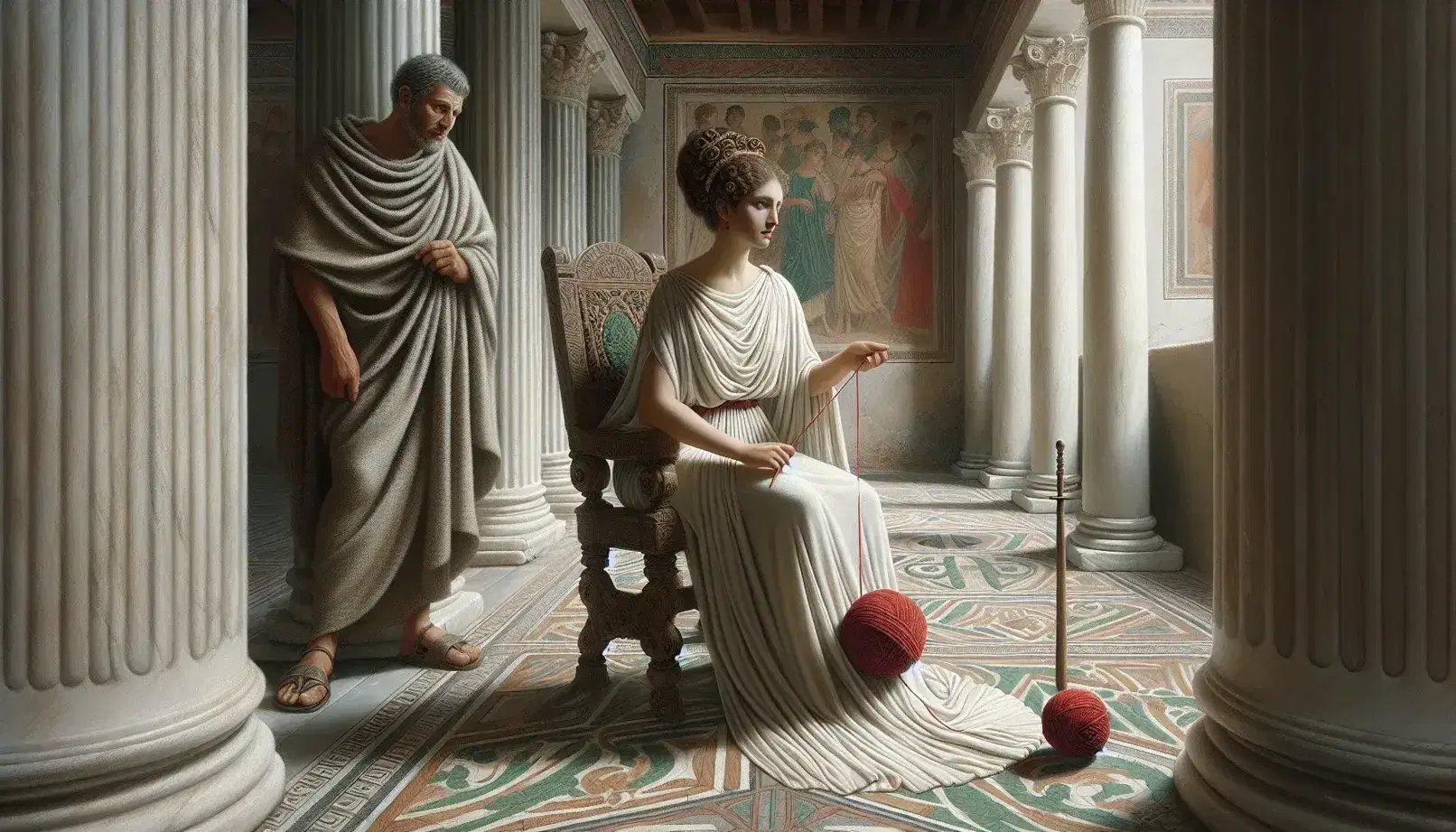 Donna romana filando lana su sedia ornata, uomo in toga osserva, serva con vassoio, interni con colonne e mosaici.