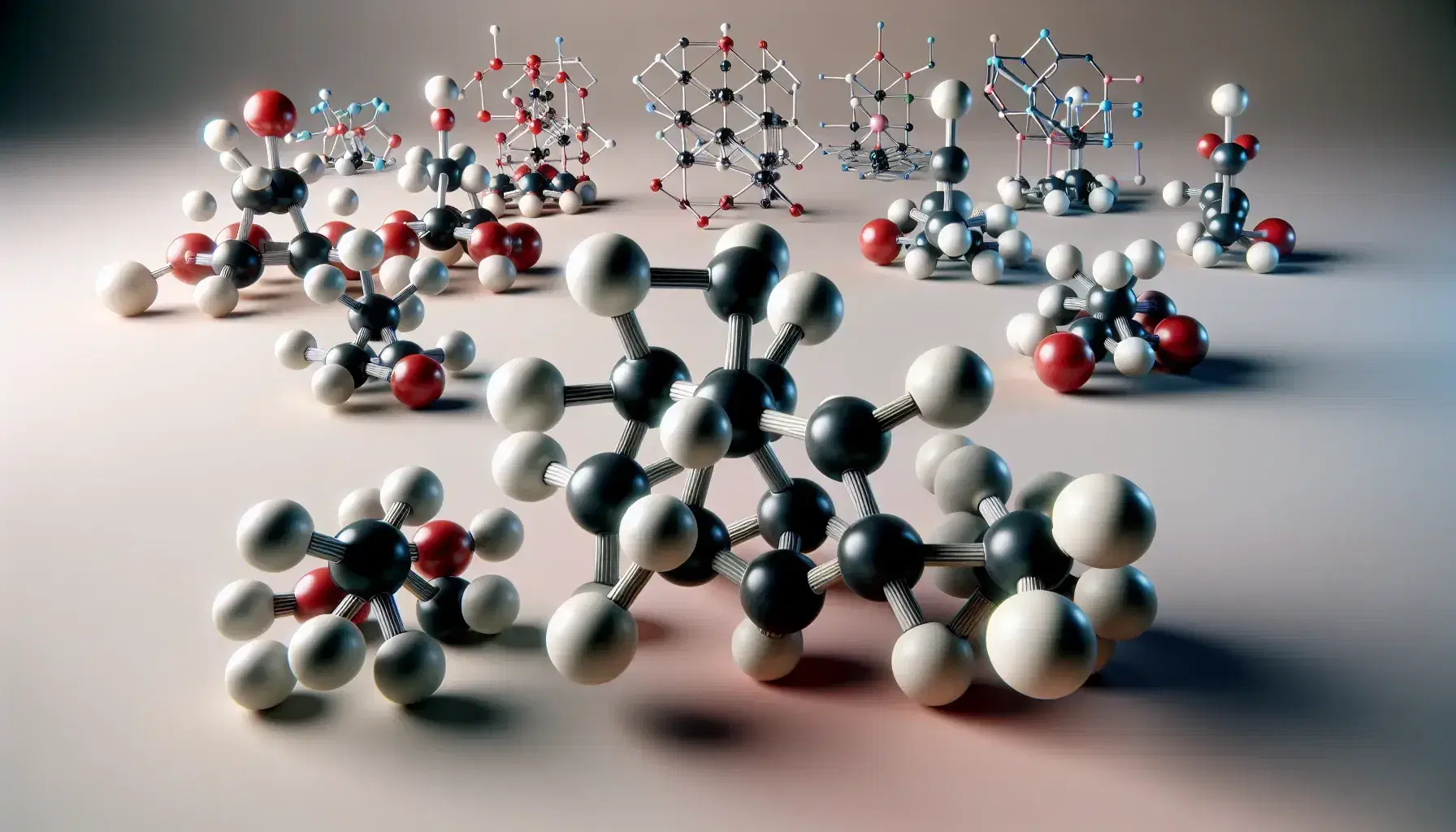 Three-dimensional molecular models with colored spheres and sticks representing atoms and chemical bonds on a light background, showing different molecular geometries.