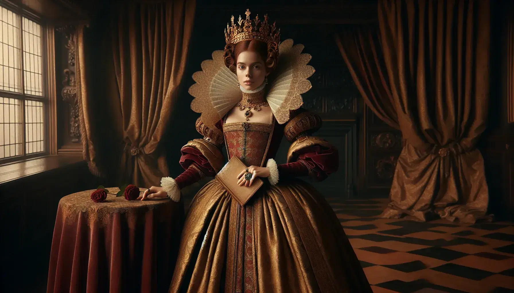 Regal Elizabethan-era woman in gold and red gown with ruff collar, holding a rose, stands in a palace room with ornate draperies and wood floor.