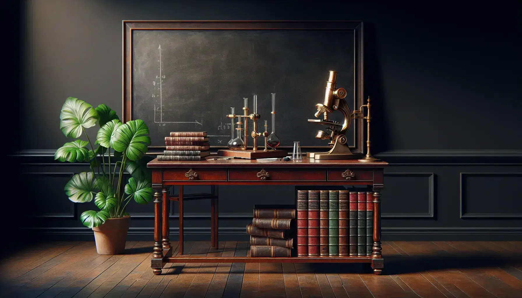 Academic scene with wooden desk, antique brass microscope, bound books and blank blackboard, illuminated by natural light.