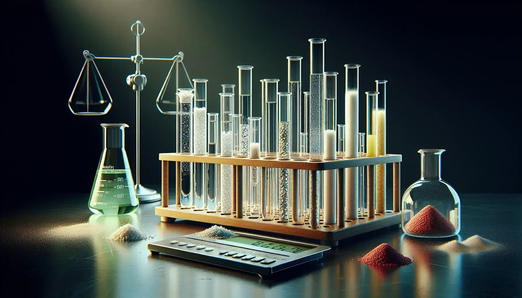 Tubos de ensayo de vidrio con sustancias naturales de distintos colores en soporte de madera, junto a matraz Erlenmeyer con líquido verde y balanza analítica de laboratorio.