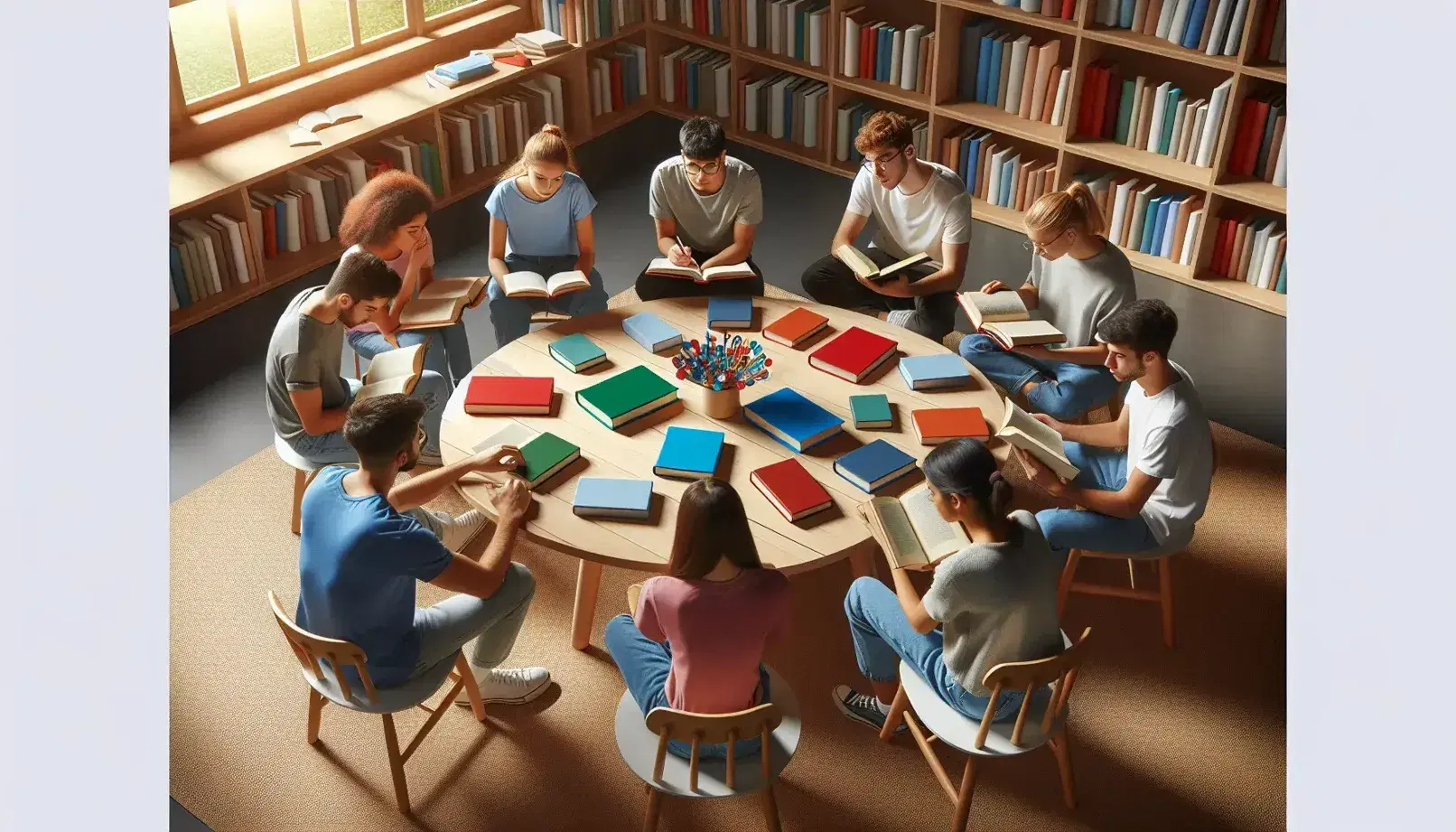Estudiantes diversos concentrados estudiando en biblioteca, con libros y cuadernos sobre mesa redonda y estantes llenos al fondo.