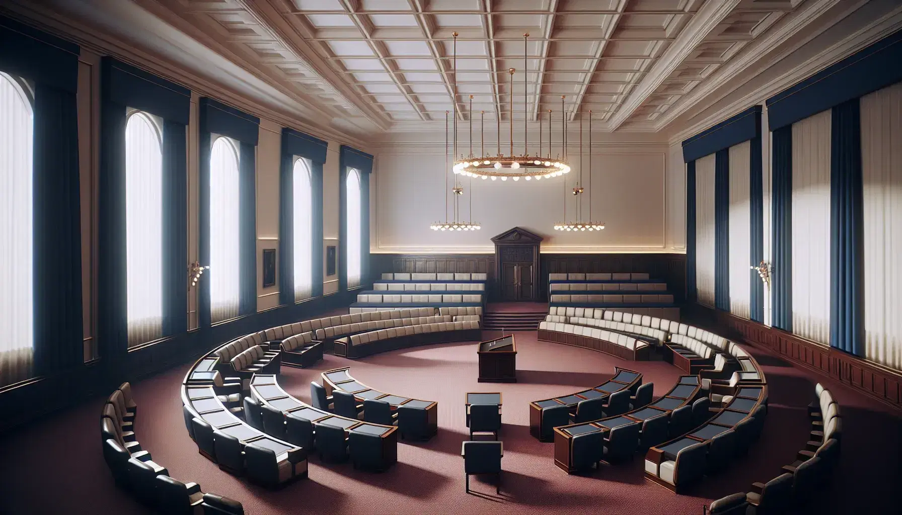 Sala vuota di un'assemblea parlamentare con banchi a semicerchio in legno scuro, sedie imbottite blu e moquette rossa, podio frontale.