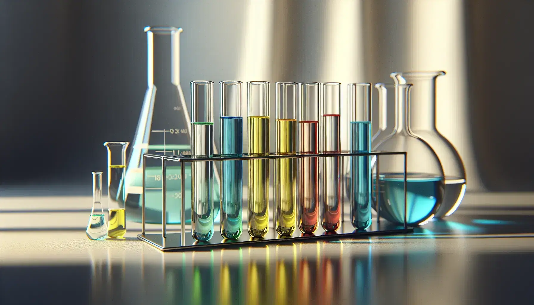 Conjunto de tubos de ensayo de vidrio con líquidos de colores azul, amarillo, rojo y verde en soporte metálico, junto a matraz Erlenmeyer y vaso de precipitados en laboratorio.