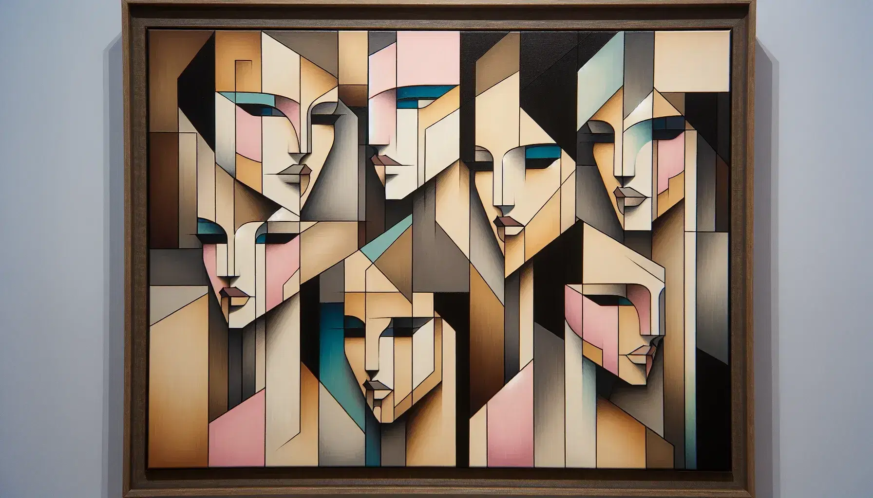 Quadro cubista con cinque figure femminili in forme geometriche frammentate, colori neutri e contorni neri, incorniciato in legno scuro.