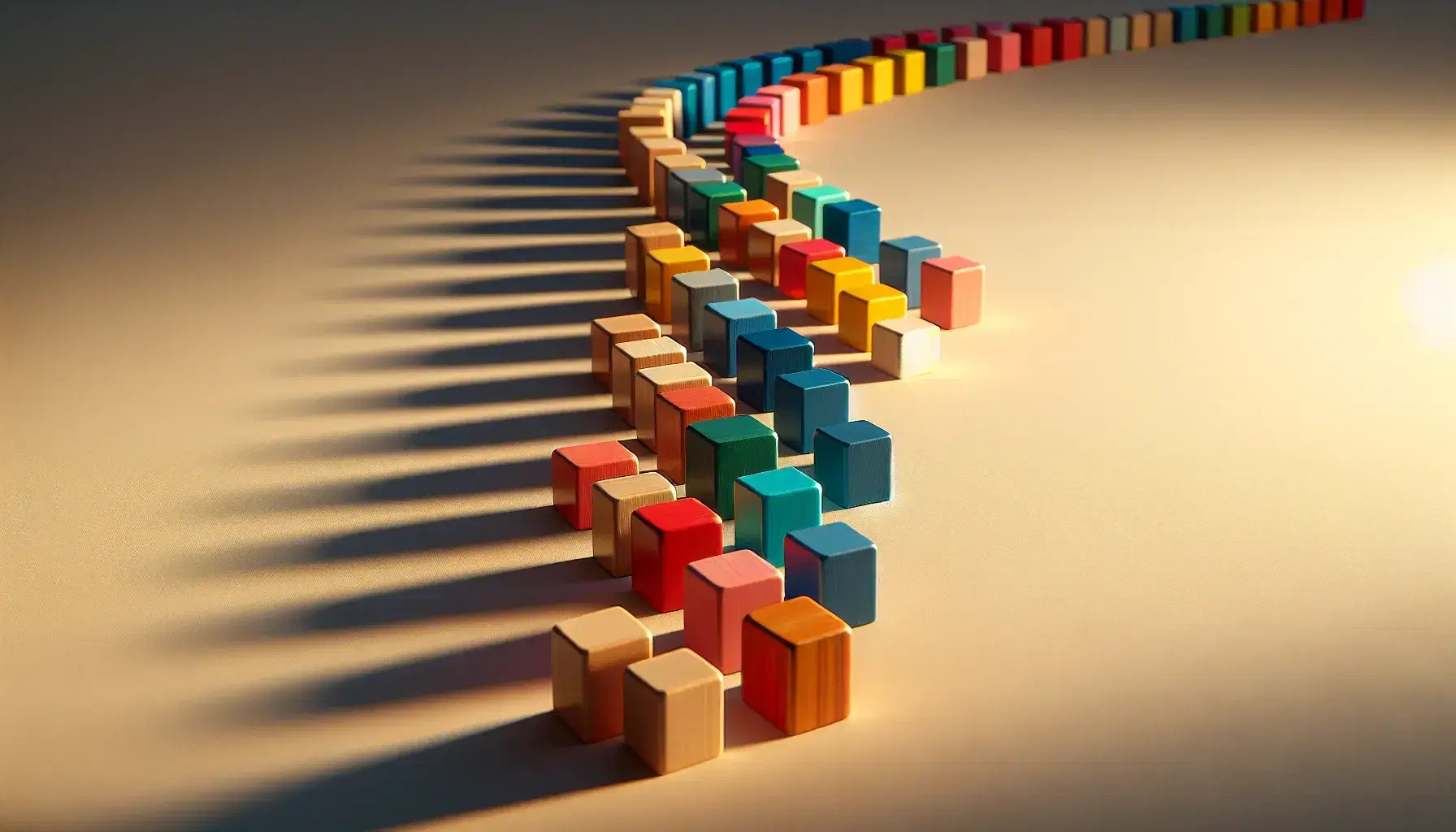 Bloques de madera de colores y formas geométricas dispuestos en secuencia sobre superficie clara, con sombras suaves y perspectiva de profundidad.