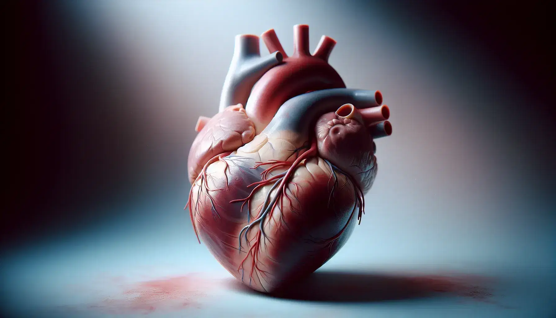 Anatomically accurate human heart model highlighting ventricles, atria, aorta, and pulmonary artery in a clinical blue background.