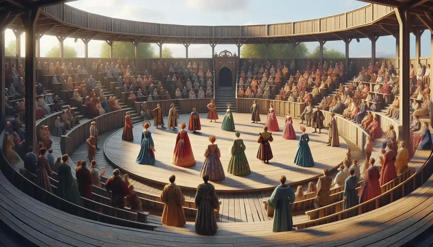 Teatro al aire libre con actores en vestuario de época realizando una obra en un escenario circular de madera, ante espectadores atentos bajo un cielo azul claro.