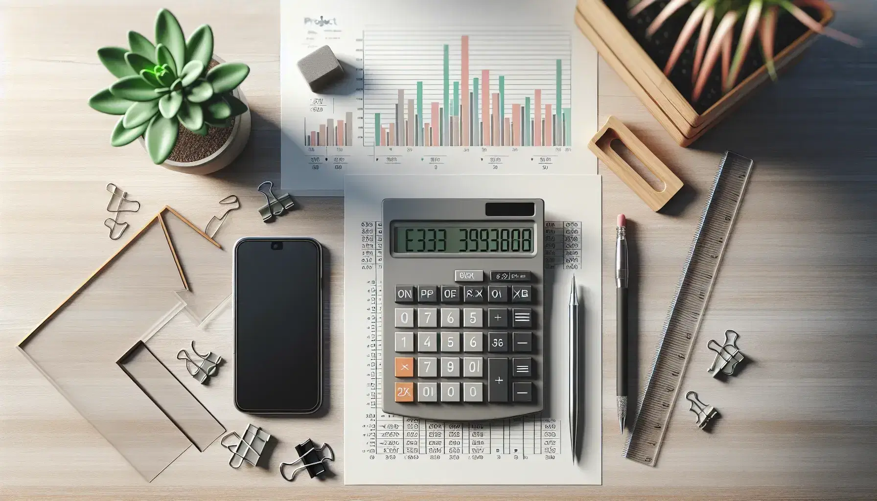 Escritorio de oficina con calculadora, lápiz mecánico, borrador, smartphone, reglas cruzadas, gráficos de barras y planta en maceta, reflejando un ambiente de trabajo diurno.