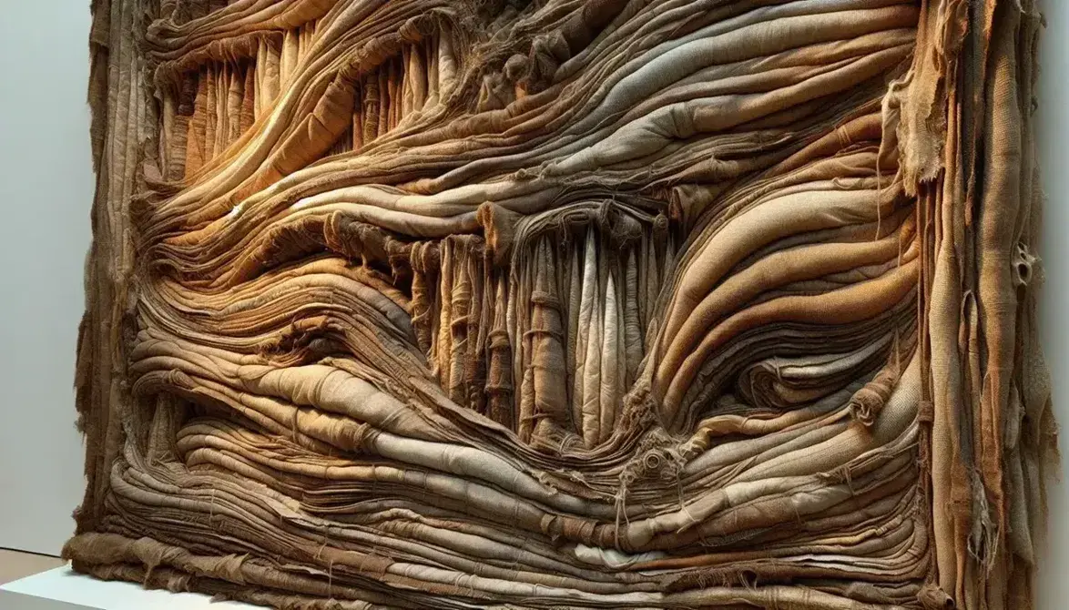 Dettaglio di opera d'arte tridimensionale con superficie irregolare in tessuto di juta, tonalità di marrone, pieghe e cuciture evidenti, senza simboli.