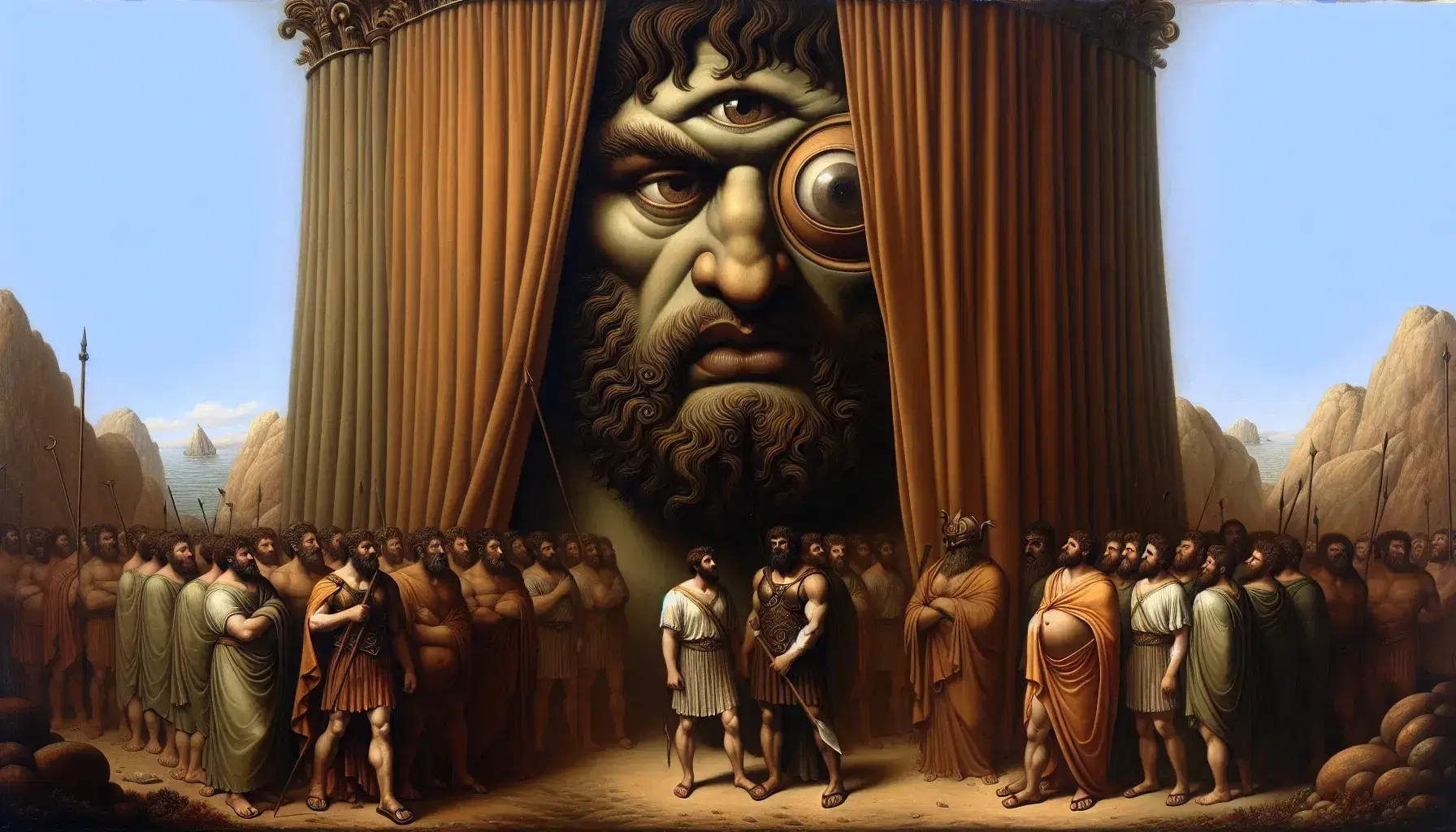 Rappresentazione artistica dell'incontro tra Odisseo e il ciclope Polifemo, con Odisseo in armatura e Polifemo dominante la scena.