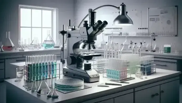 Microscopio elettronico su tavolo da laboratorio con provette colorate e piastra Petri, in ambiente professionale illuminato artificialmente.