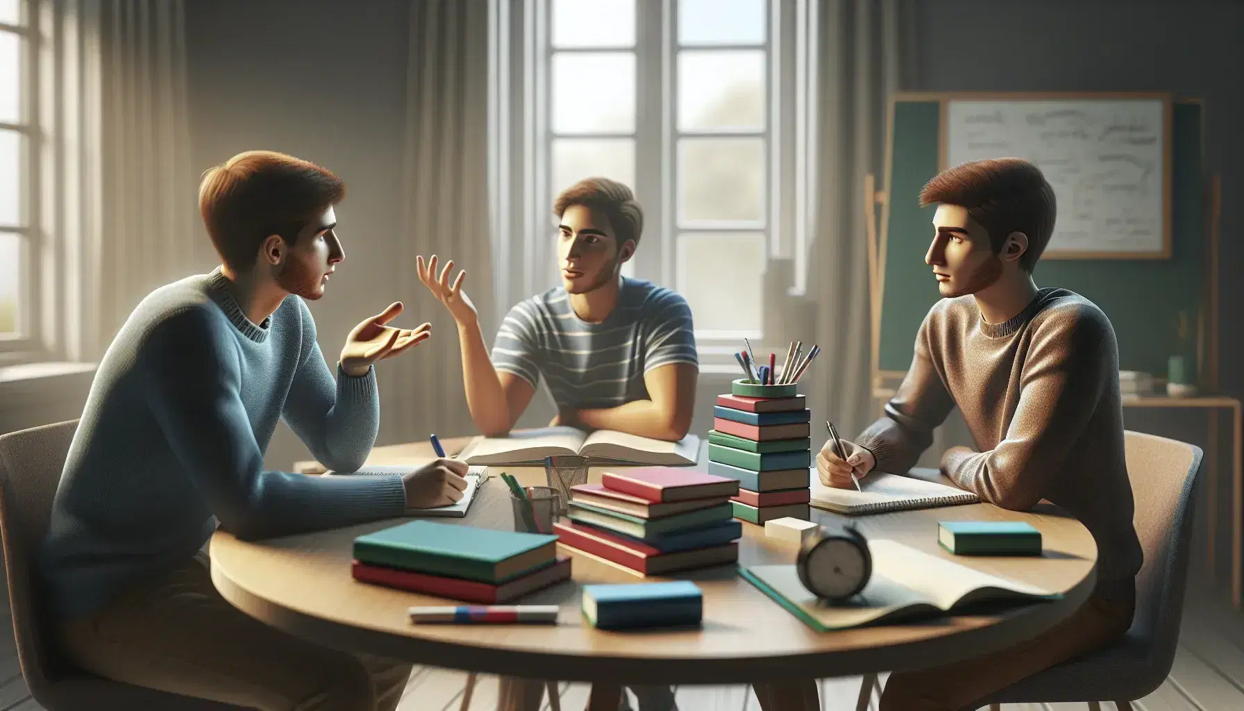 Grupo de tres estudiantes discutiendo y tomando notas alrededor de una mesa redonda con libros y pizarra blanca en una habitación iluminada naturalmente.