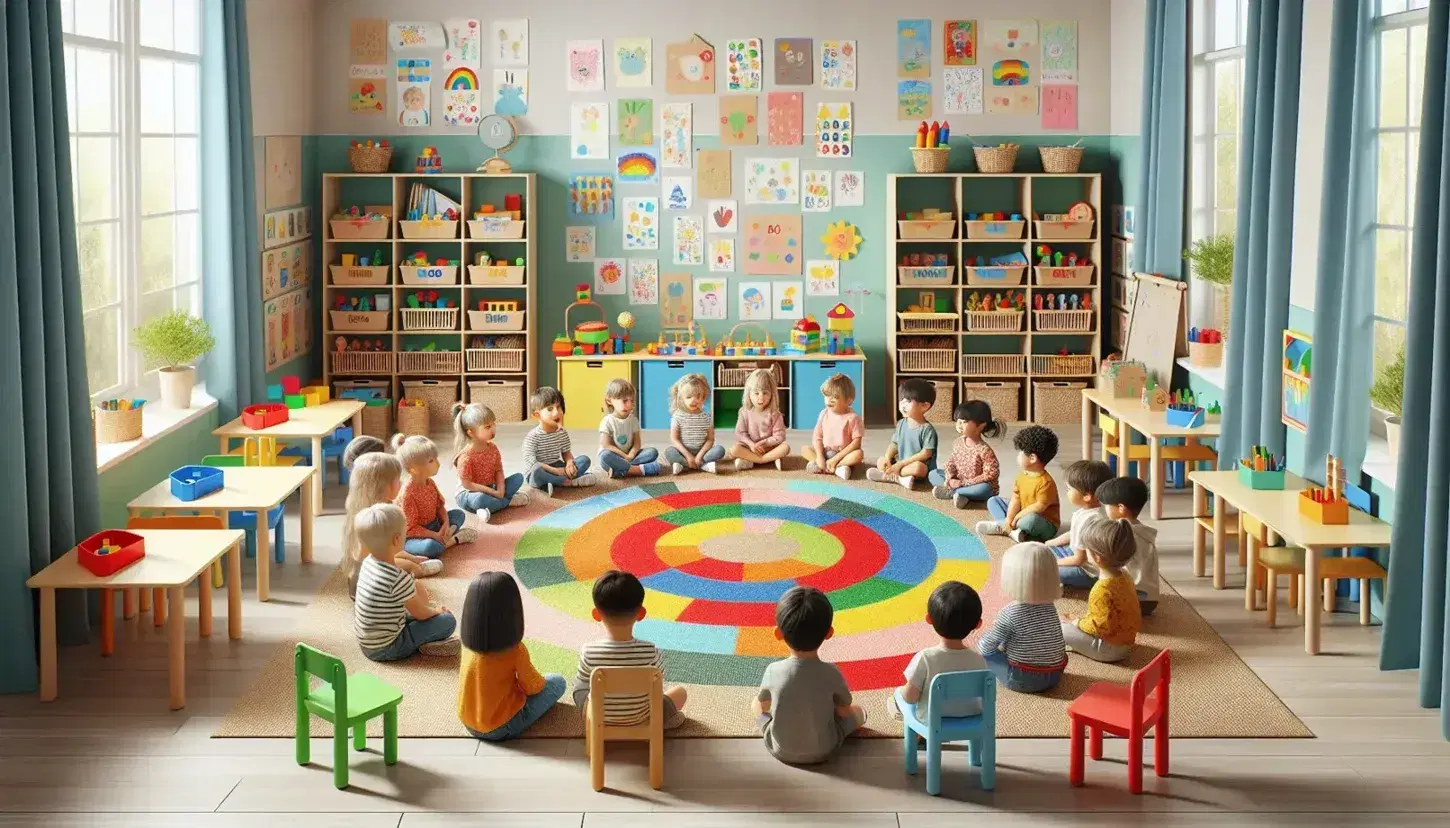 Aula preescolar colorida con niños sentados en alfombra circular, estantes con juguetes, mesita con bloques y maestra mostrando libro ilustrado.