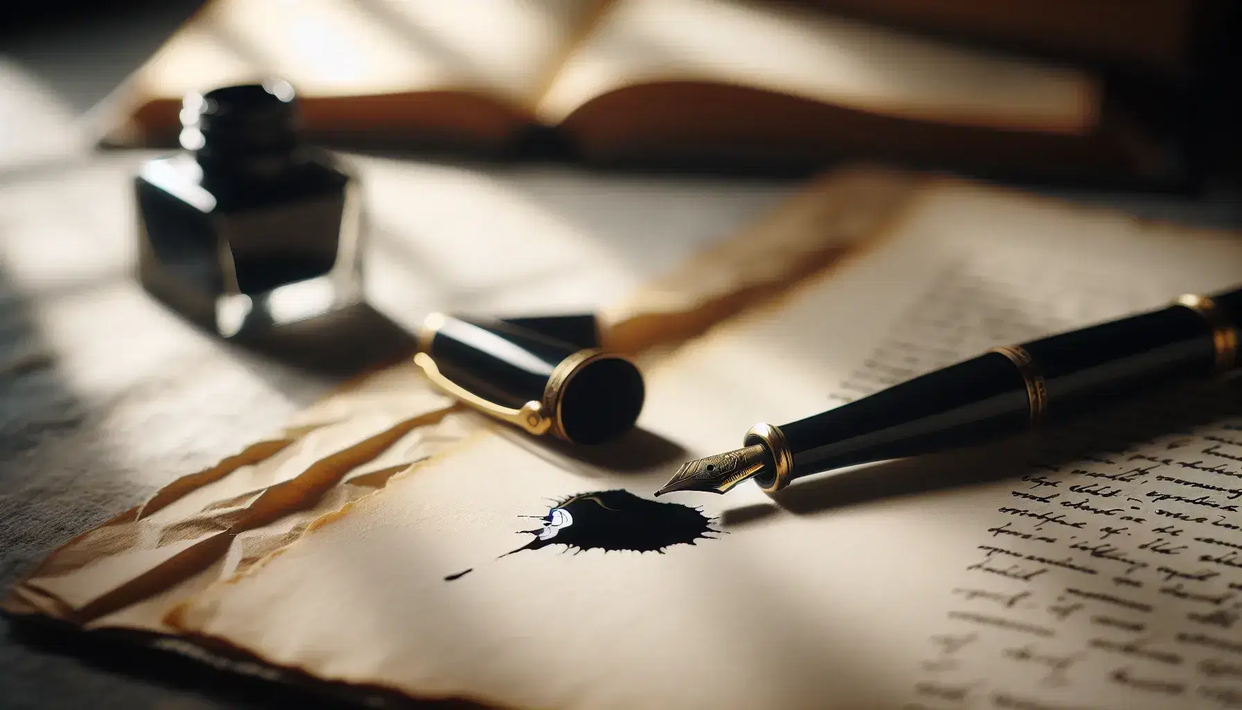 Penna stilografica vintage con corpo nero lucido e dettagli dorati posata su foglio bianco con macchia d'inchiostro, sfondo con libro aperto.