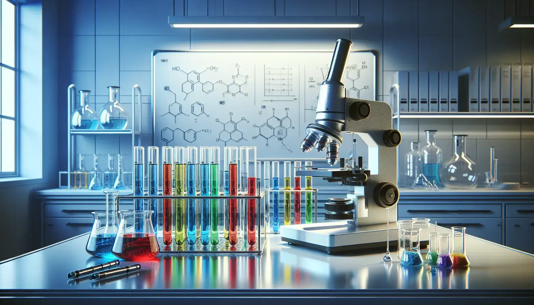 Laboratorio científico con tubos de ensayo de colores en soporte metálico, microscopio plateado y estantes con frascos de sustancias químicas.