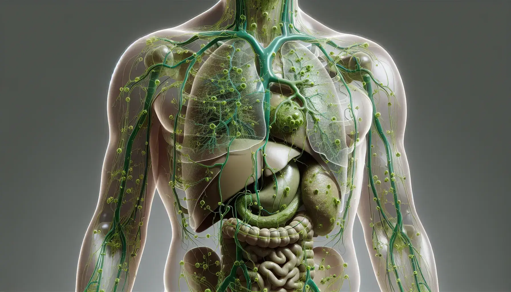 Rappresentazione anatomica del sistema linfatico umano con vasi e nodi linfatici evidenziati in verde, milza e timo inclusi.
