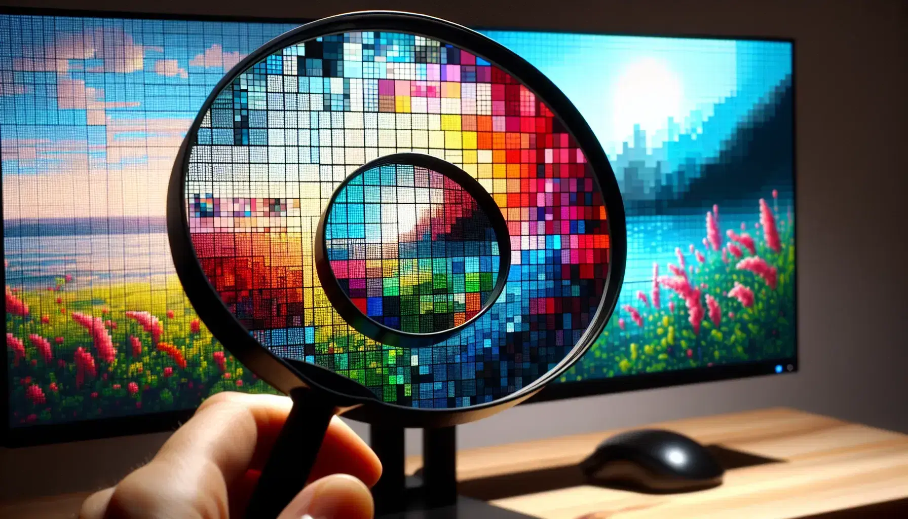 Close-up of a computer screen showing a pixelated digital image magnified by a magnifying glass in a blurry office environment.