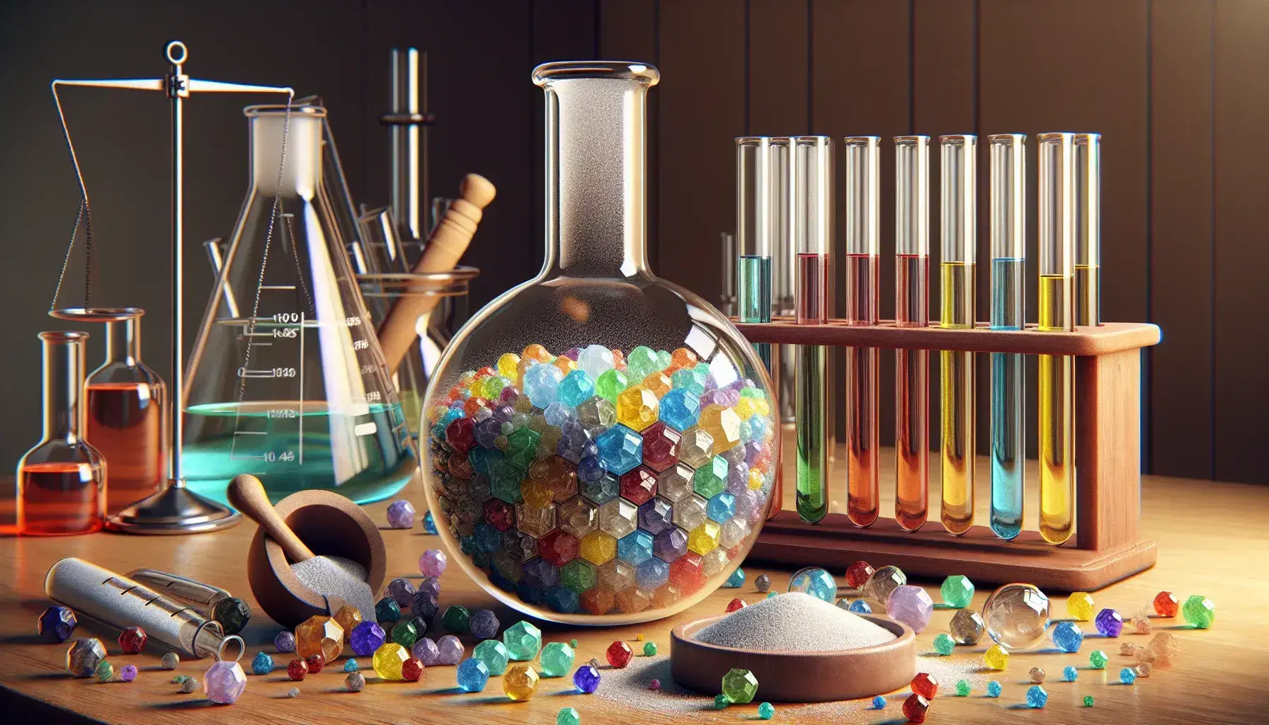 Glass flask on laboratory bench with colored crystals of heterocyclic compounds, test tubes and mortar with pestle.