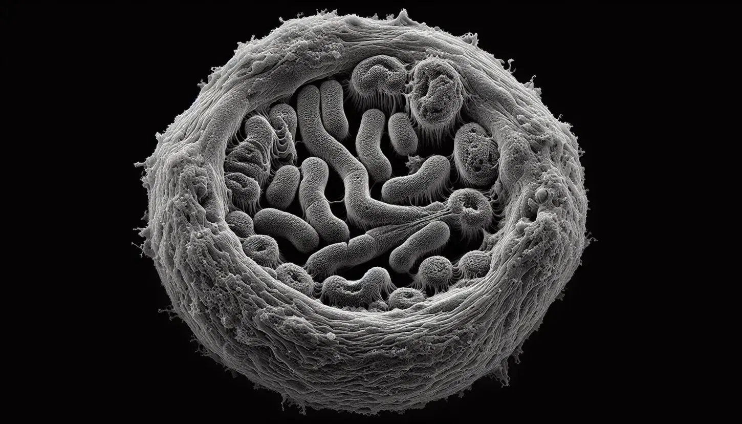 Vista microscópica de alta resolución del núcleo celular con envoltura nuclear, nucleoplasma granular, cromatina y cromosomas entrelazados.