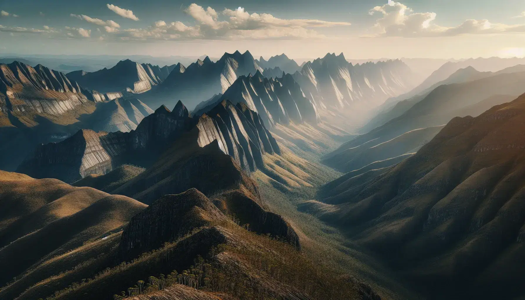 Vista panorámica de una cadena montañosa con picos rocosos y vegetación que se intensifica en las laderas bajas bajo un cielo azul con nubes dispersas.