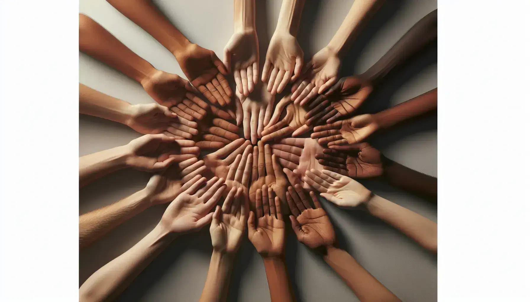 Mani di diverse tonalità di pelle unite a formare un cerchio simile a un fiore su sfondo neutro, simbolo di unità e diversità.