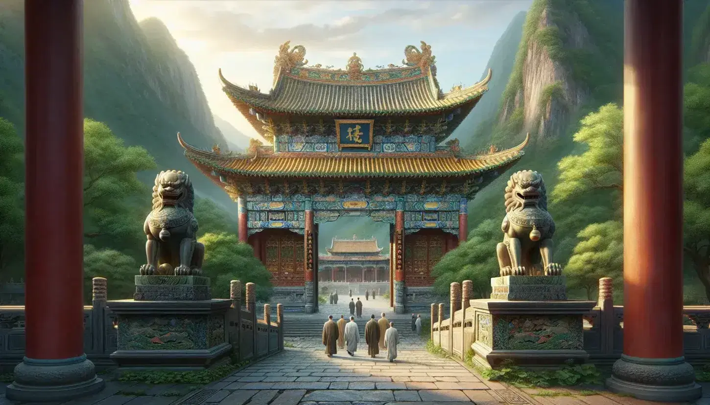 Traditional Chinese Buddhist temple with ornate gate, stone lions, and red main hall set against a lush mountainous backdrop under a clear blue sky.