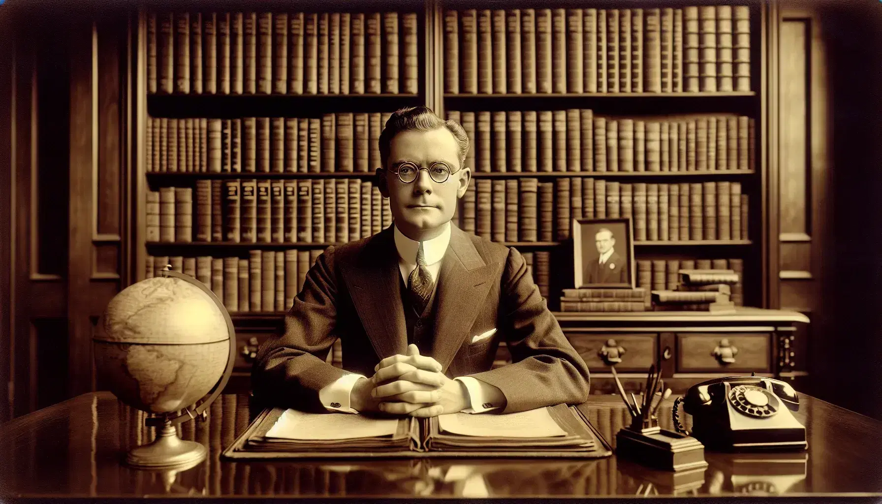Vintage sepia photograph of a serious middle-aged man in a suit at a polished desk, with bookshelves, a globe, and a rotary phone behind him.