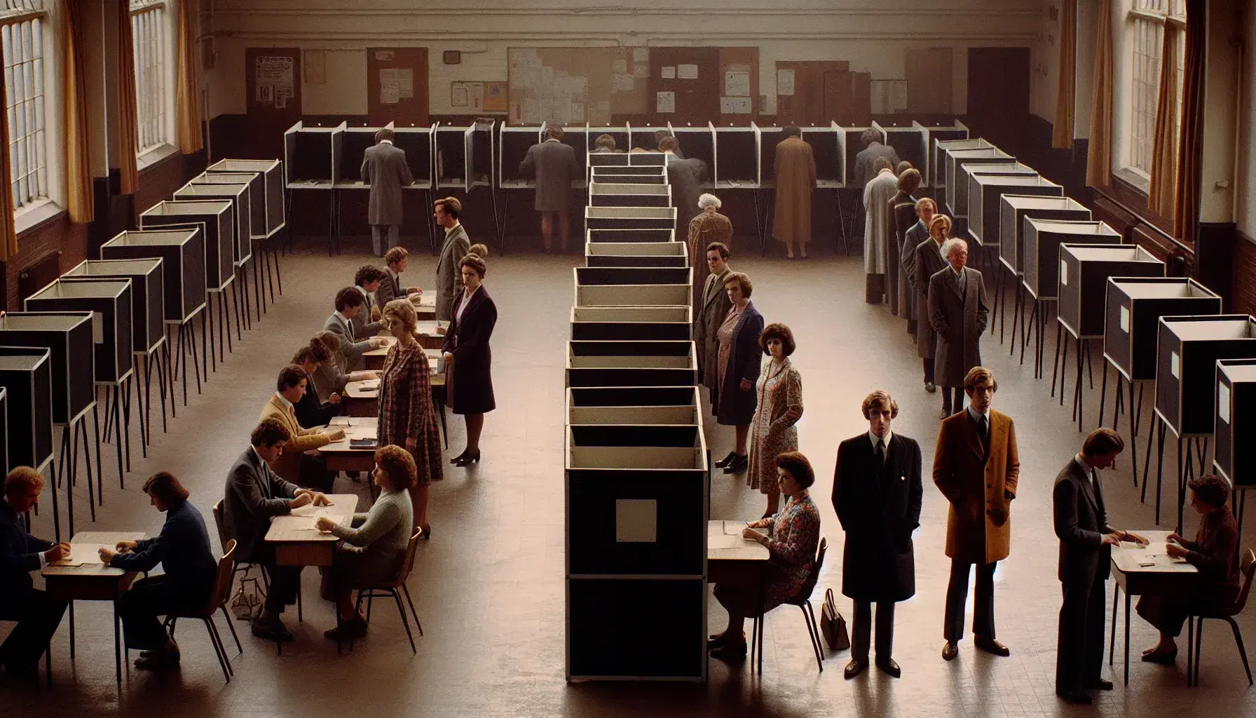 Busy 1980s British polling station with voters in period attire queuing to enter traditional booths, reflecting a moment of civic duty in a plain beige interior.