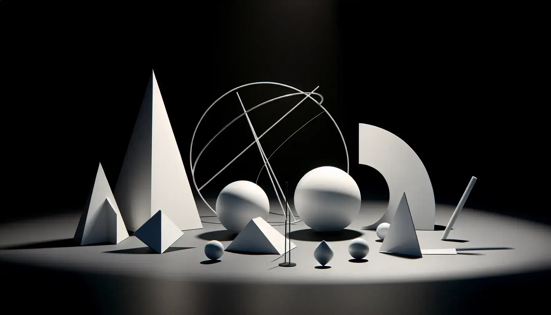 Collection of geometric shapes on a matte black surface with a white sphere, cone, overlapping ellipses, back-to-back hyperbolas, and a parabola against a soft blue gradient background.