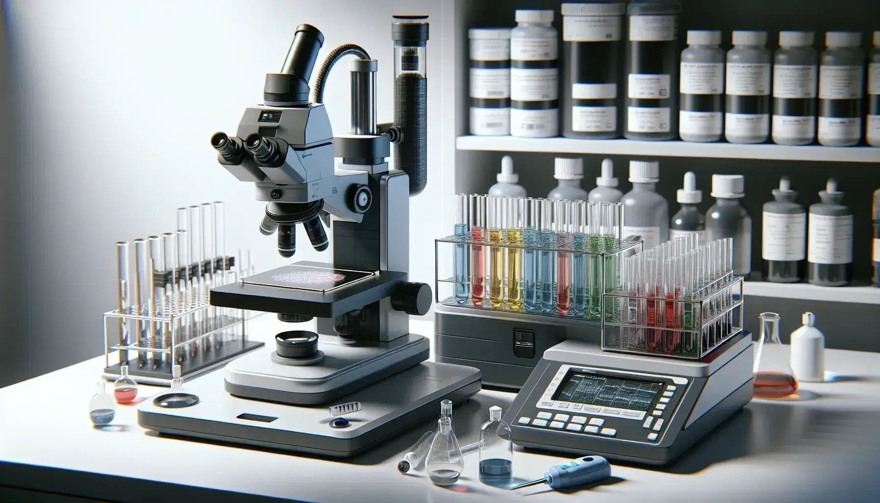 Laboratorio scientifico con microscopio elettronico, provette colorate, pipetta automatica e bilancia analitica digitale su tavolo di lavoro.