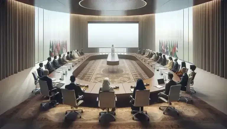 Diverse group in a conference room with a Middle-Eastern woman presenting beside a blank screen, natural light streaming through window curtains.