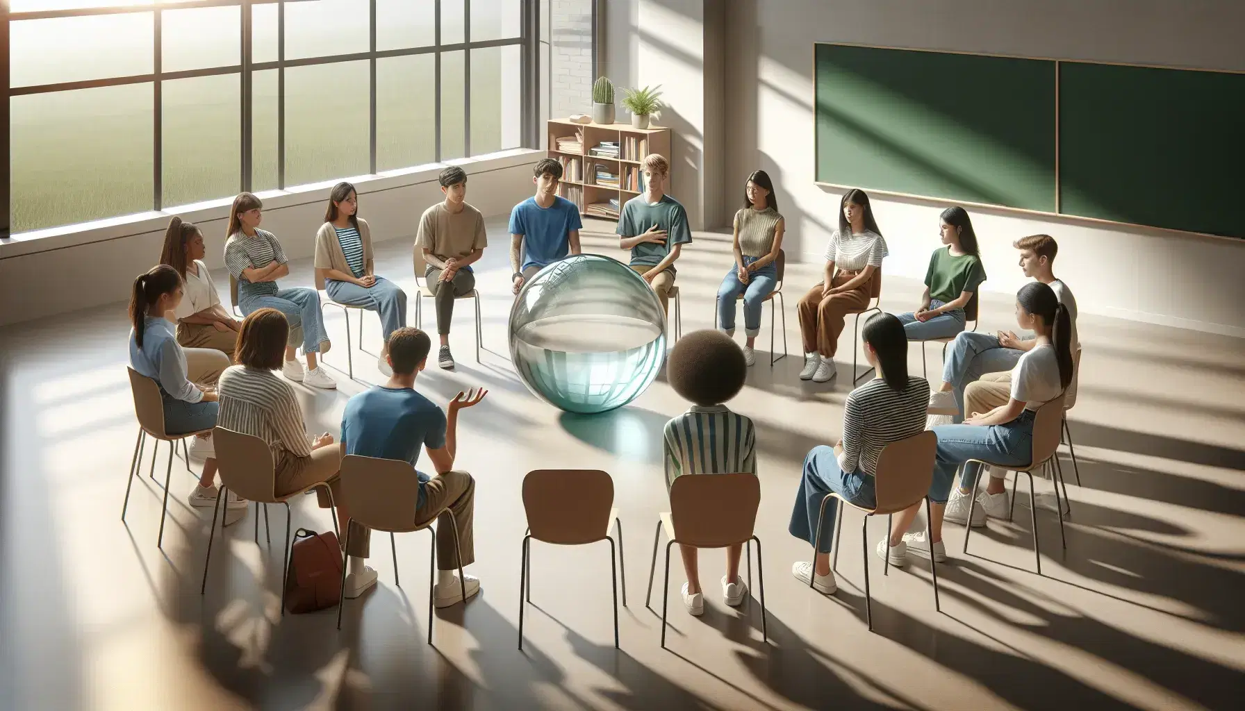 Grupo diverso de estudiantes sentados en círculo en un aula con una esfera de cristal en el centro, reflejando luz y colores, participando activamente en una discusión.