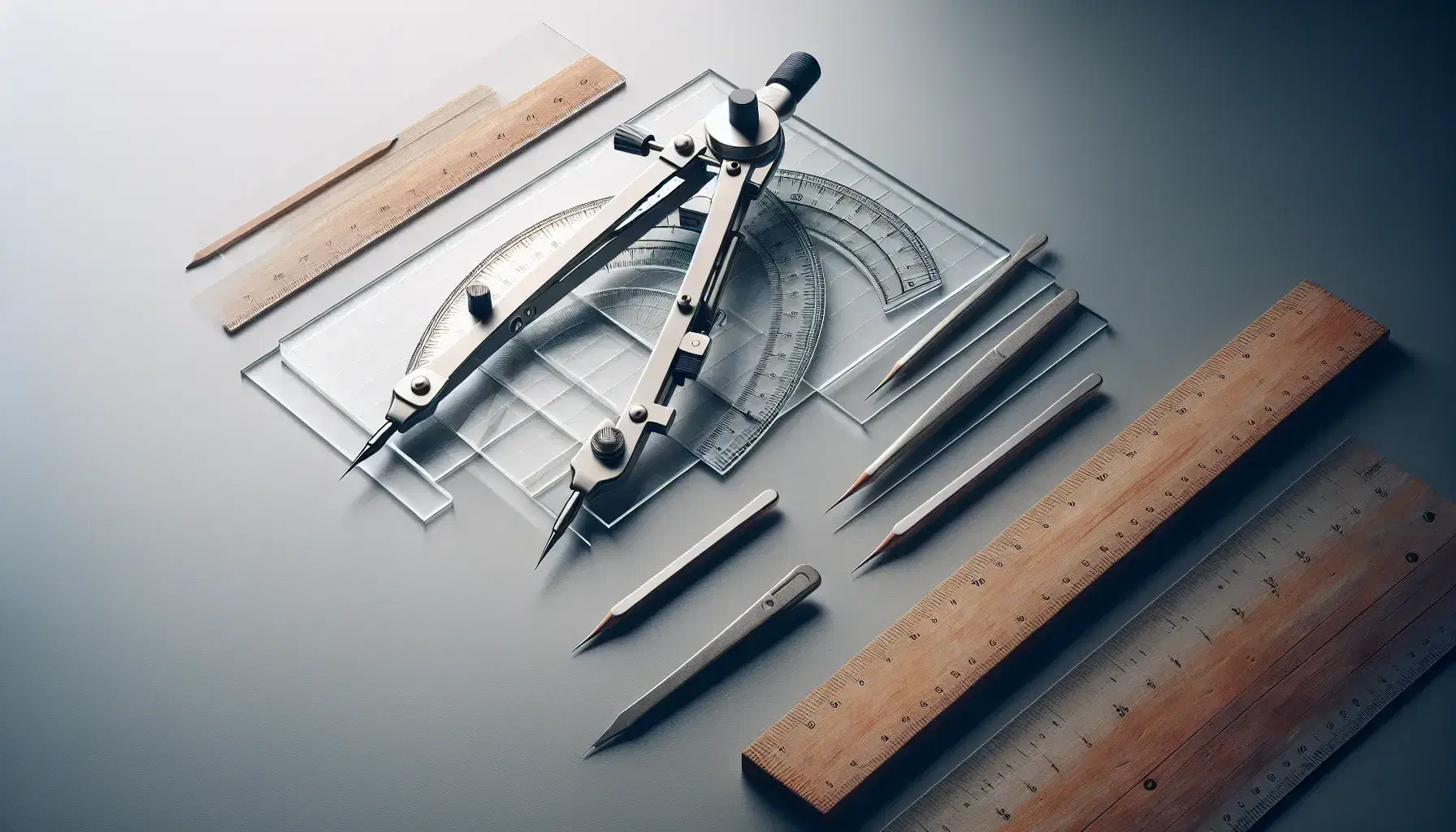 Precision drawing tools arranged on a flat surface, including a steel compass, transparent protractor, wooden rulers, and metal dividers on graph paper.