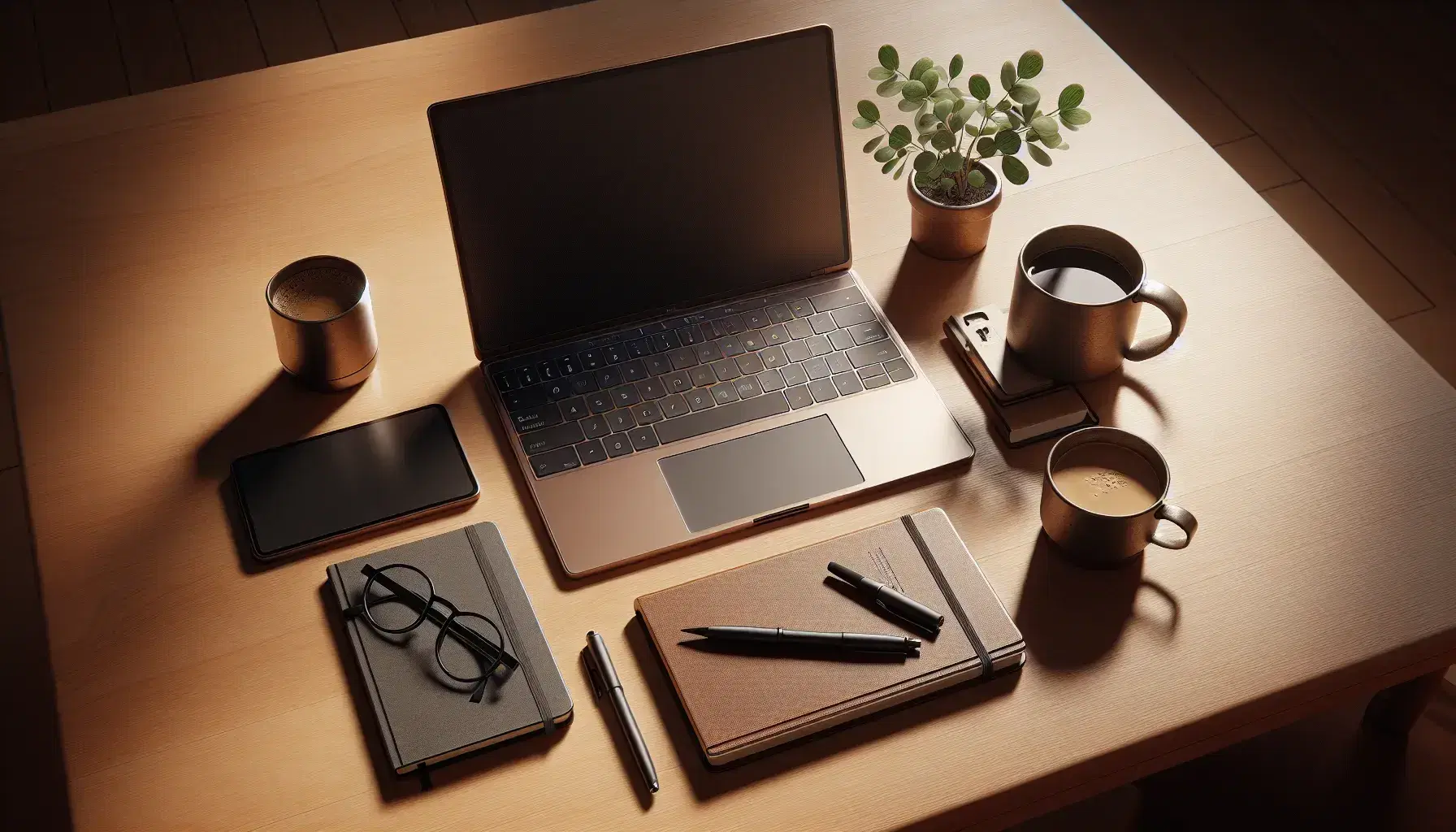Mesa de madera clara con portátil abierto, taza de café, cuaderno con bolígrafo y planta en maceta, todo bajo luz natural suave.