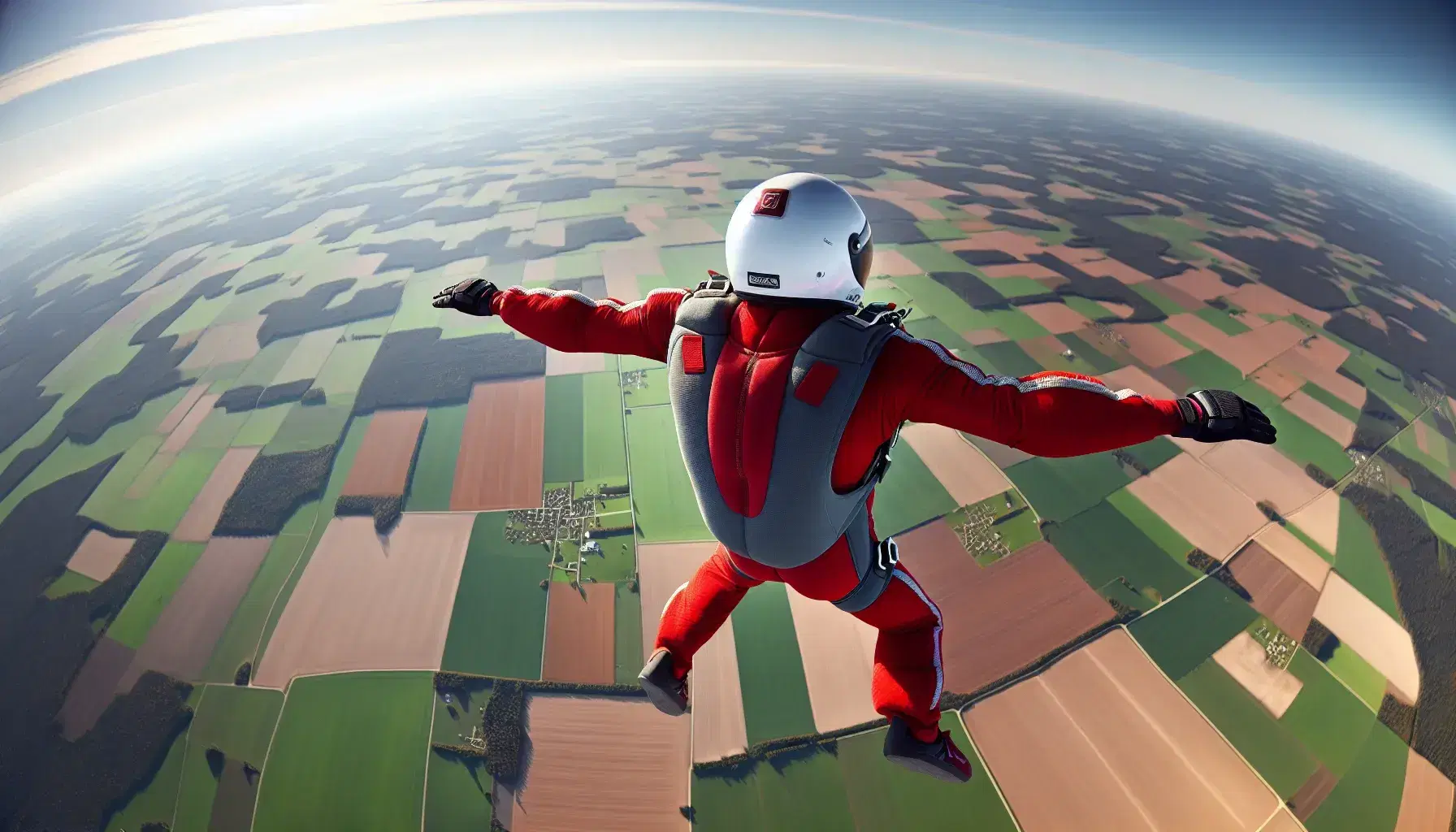 Skydiver in red jumpsuit free-falling against a clear blue sky above a patchwork of rural farmland, with arms extended and parachute unopened.