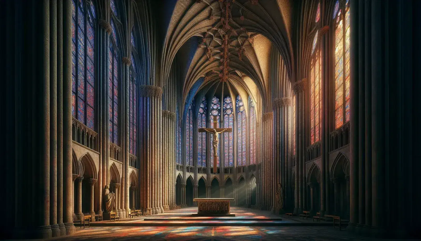 Interno di cattedrale gotica medievale con colonne alte, volta a crociera, vetrate policrome e altare semplice sormontato da crocifisso ligneo.