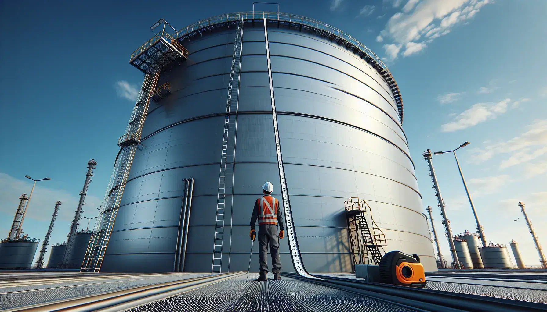 Trabajador con casco de seguridad y ropa reflectante mide con cinta métrica flexible la altura de un tanque de almacenamiento de petróleo en un complejo industrial bajo un cielo azul.