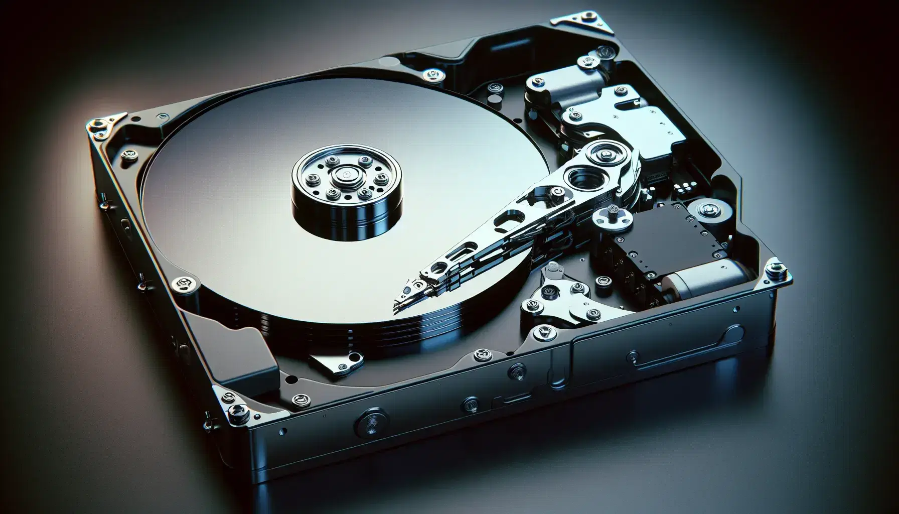 Close-up view of an open hard disk showing shiny magnetic platters and mechanical arm with read/write head.