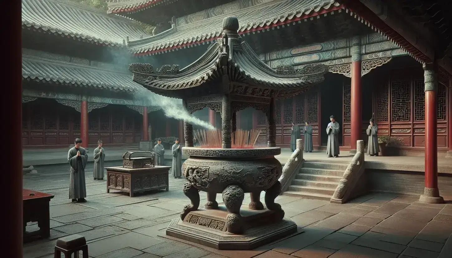 Traditional Chinese temple courtyard with an ornate stone incense burner, worshippers performing rituals, red walls, and lush greenery.