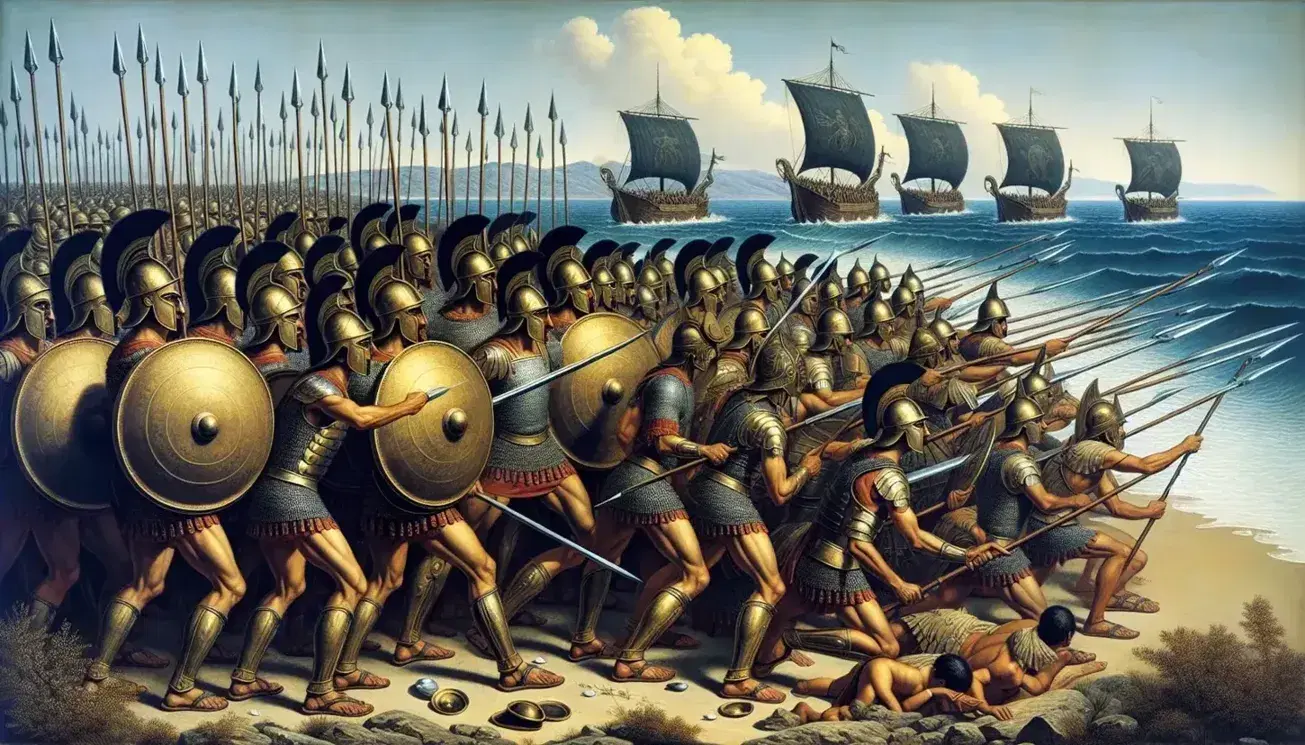 Soldati in armatura di bronzo in formazione falange con elmi crestati e scudi rotondi, sullo sfondo mare e triremi.