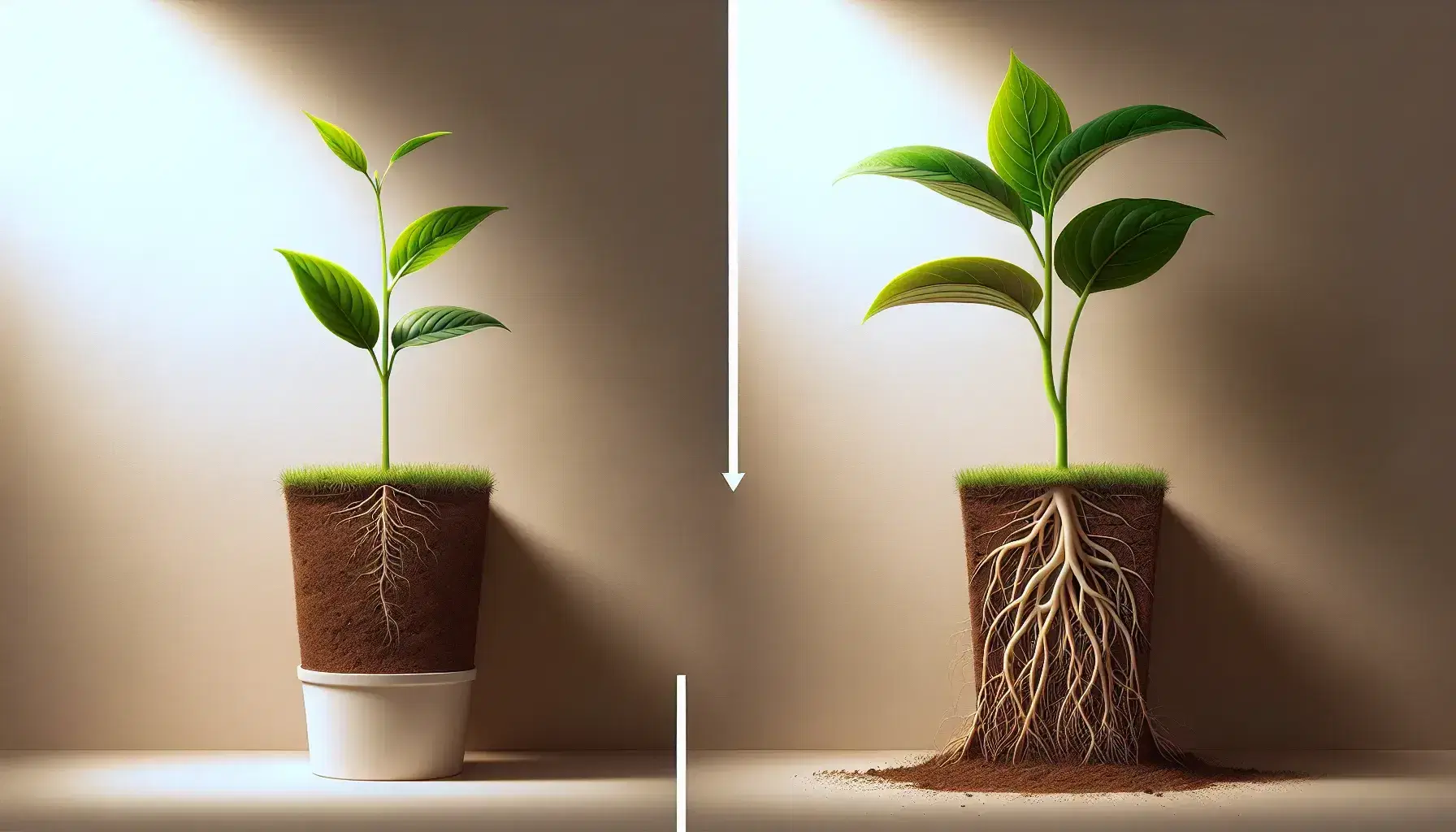 Healthy plant displaying gravitropism with upright stem and roots growing downward, and a second plant with stem curving upward due to reorientation.
